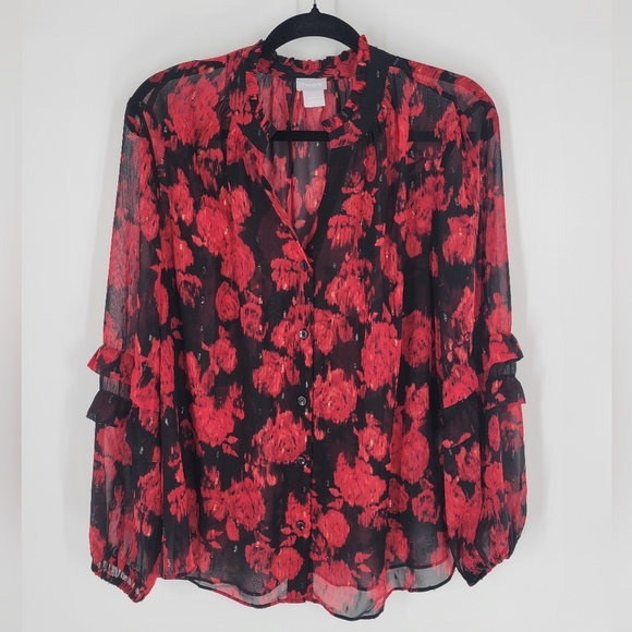 Chico’s Women’s Size 2 Black Red Floral Long Sleeve Button Up Blouse - Picture 1 of 7